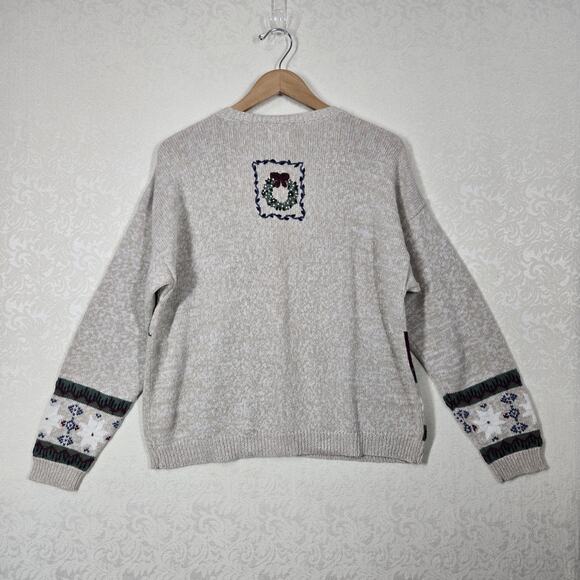 VTG Nutcracker Cardigan Sweater sz L Beige Multi Cabincore Cottagecore Holiday - Picture 8 of 14